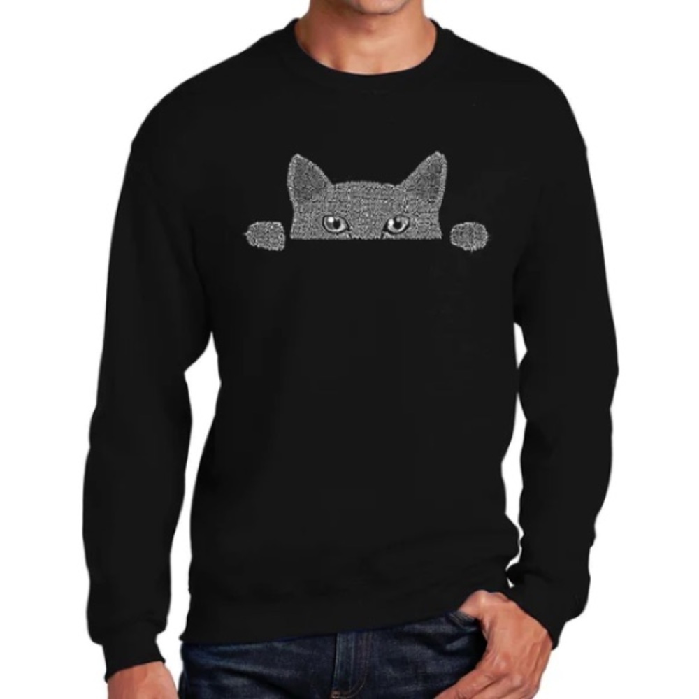 LA Pop Art Men's Plus Black White Word Art Crewneck Sweatshirt - Peeking Cat